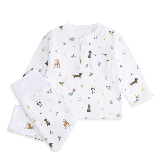 white cotton baby pyjamas with Christmas dogs 