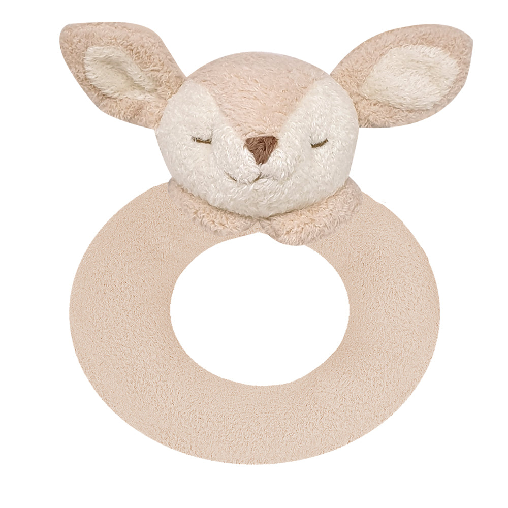 Soft caramel and white coloured baby deer ring rattle