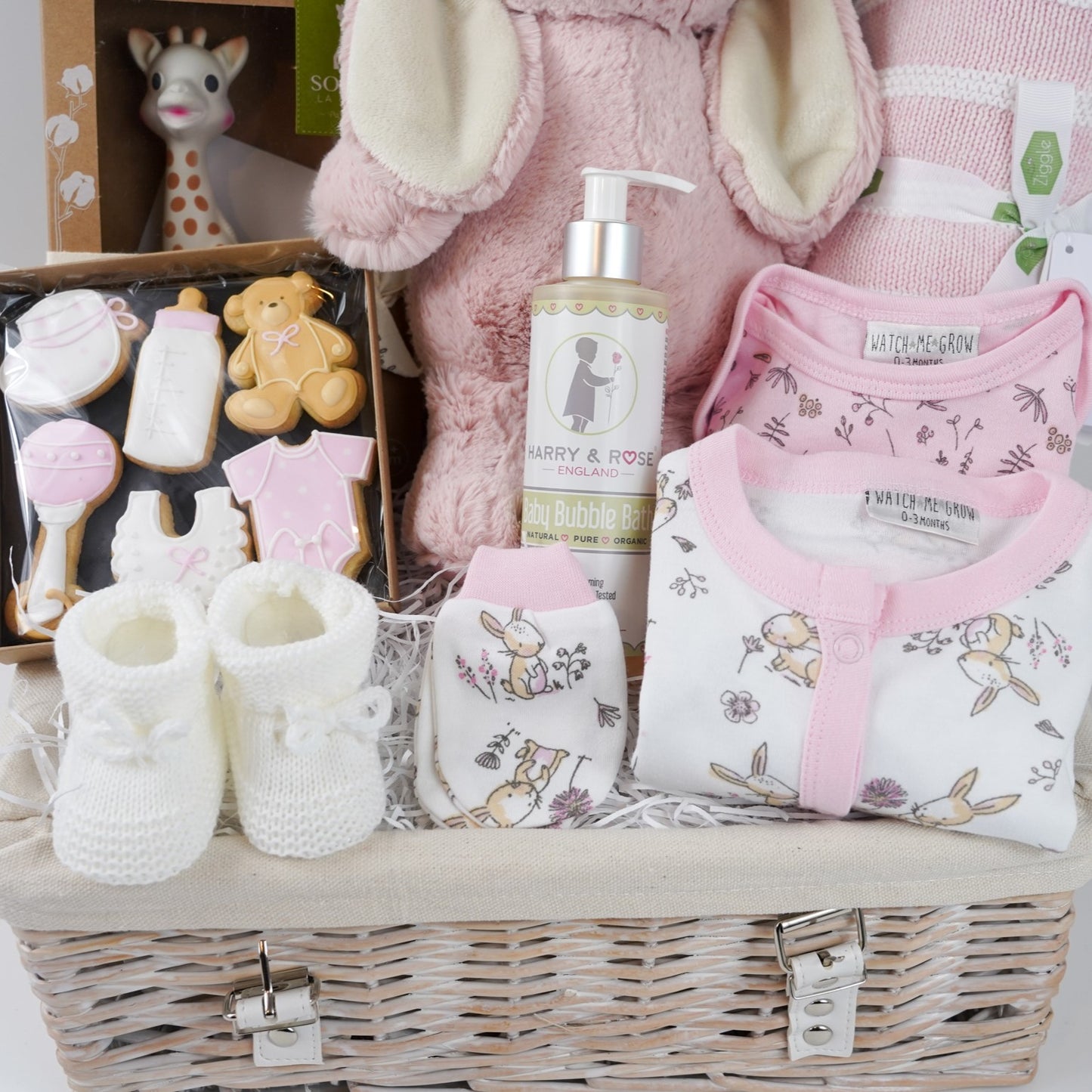 Baby Girl Hamper Baskets, Eco Bunny Soft Toy, New Mummy Biscuits, Sophie La Girafe, Baby Layette