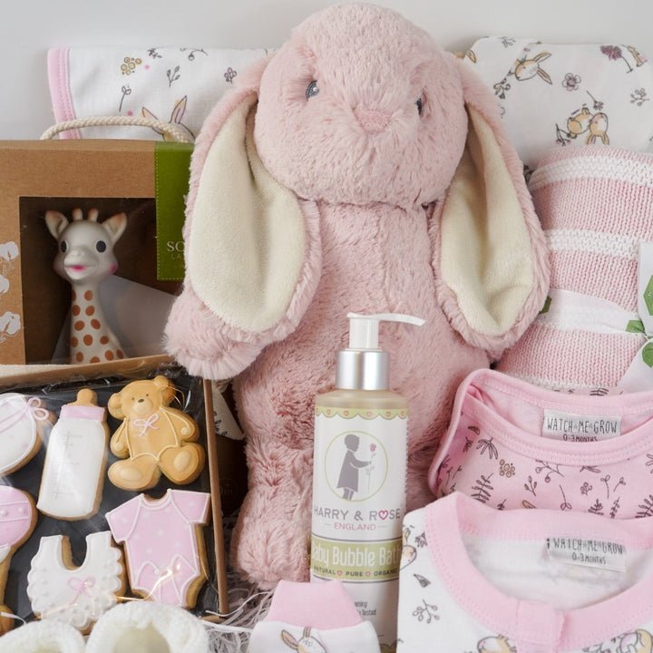 baby girl hamper basket, white layette with pink trim and bunnies, pink eco bunny, baby themed biscuits in a box, sophie la girafe so pure, baby pink and white striped blanket, baby organic wash