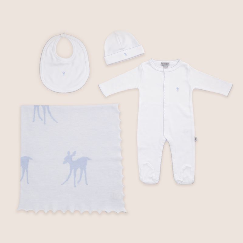 Luxury G.H.Hurt & Son clothing set with blue picot edging and fawn, containing 50% LENZING™ Micro Modal and 50% organic combed cotton.