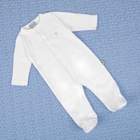 luxury baby sleepsuit in white with fawn logo and blue picot edging 