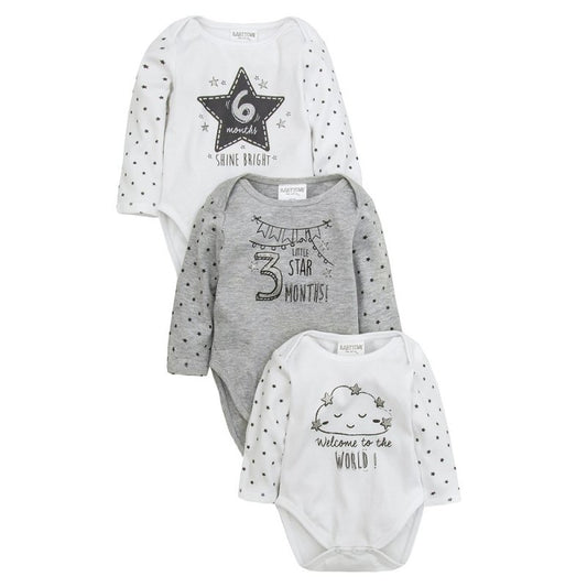 Baby milestone vests in white abd grey, 3 sizes newborn , 3 months and 6 months , long sleeve