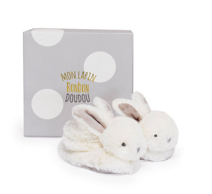White soft fluffy baby slippers with Bunny ears in a gift box 