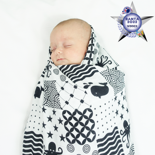 Black and white design organic baby sensory swaddle