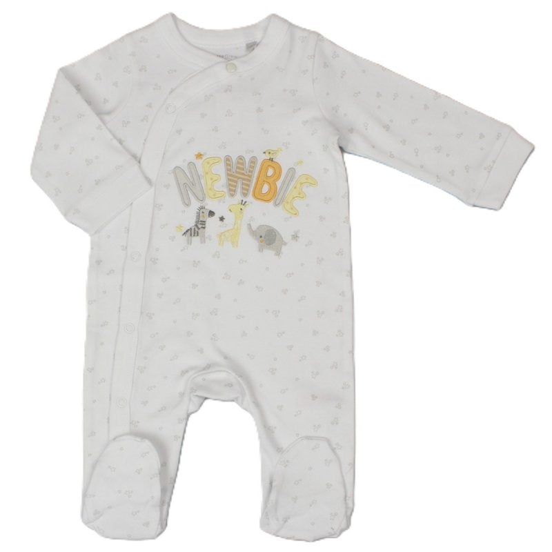 white baby sleepsuit with baby animal design and NEWBIE embroidered