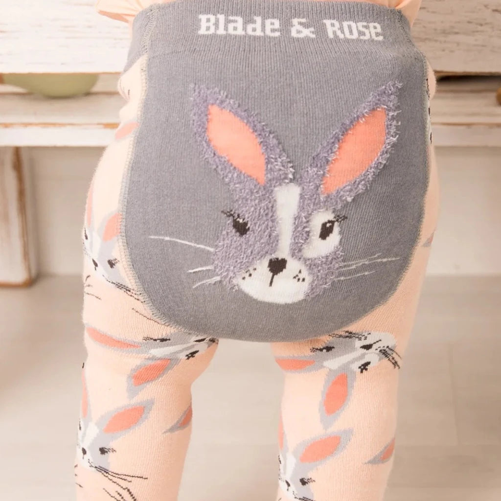 Blade and Rose Mollie Rose bunny baby girl clothing set, peach top with applique grey rabbit, matching grey leggings with all over rabbit design and rabbit bum