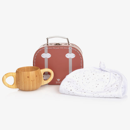 small suitcase with baby bamboo two handled cup and organic cotton white with grey spots bib