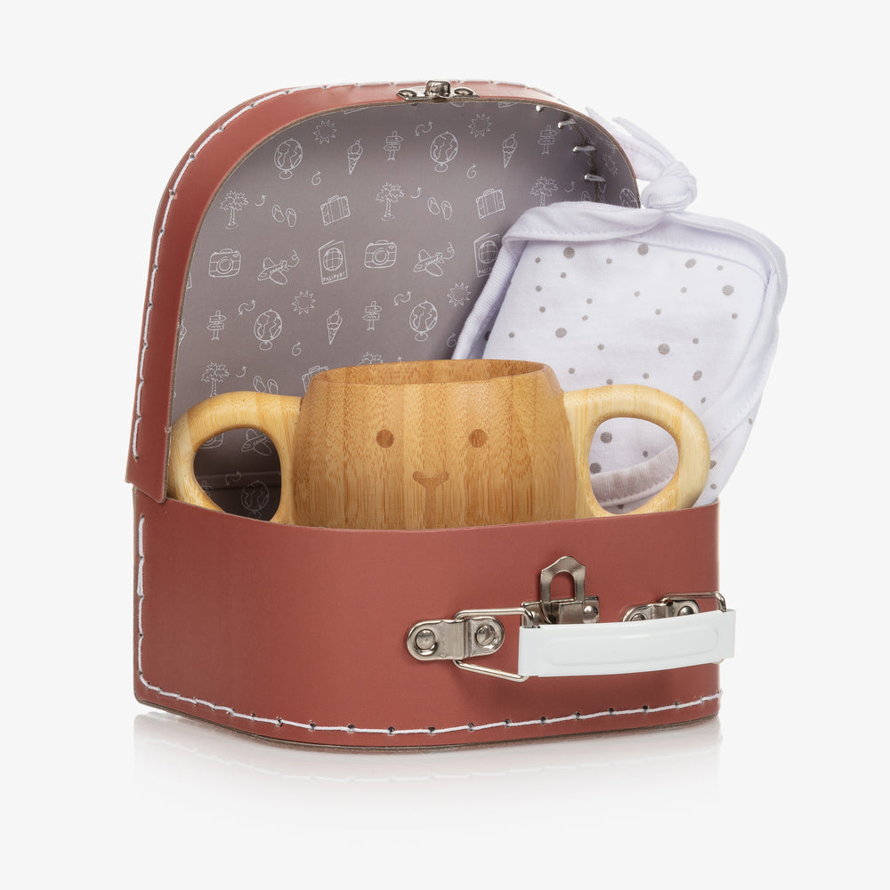 small suitcase with baby bamboo two handled cup and organic cotton white with grey spots bib
