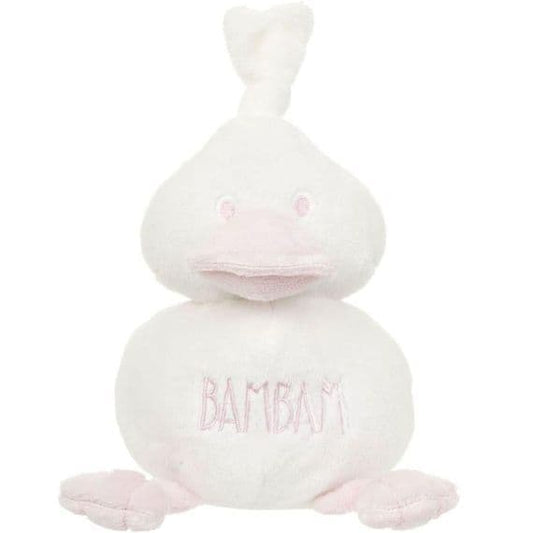 pink and white cuddly duck rattle soft toy