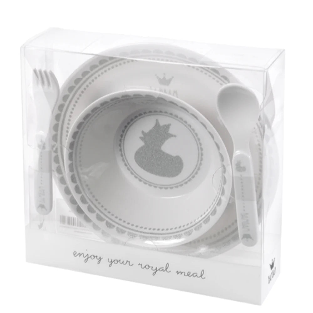 White and grey baby dinner set with plate, bowl, spoon and fork with a duck design