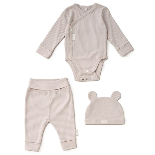 baby clothing set in beige cotton ribbed, baby bodysuit with cross over fastening and extendable gusset, ribbed  joggers with extendable waist, ribbed hat with cute ears 