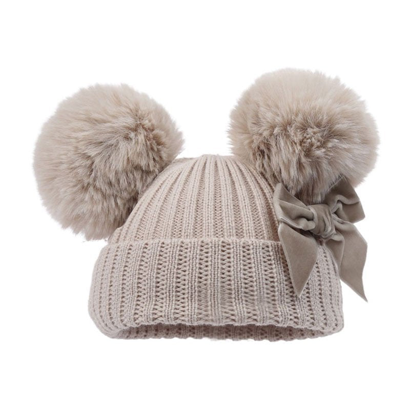 biscuit double fluffy pompom hat with velvet bow