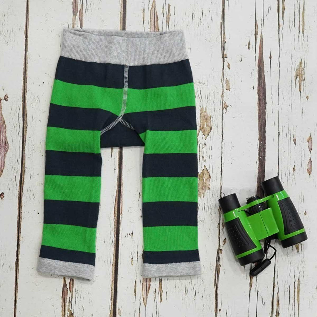 green, grey and black leggings with hedgehog on the bottom 