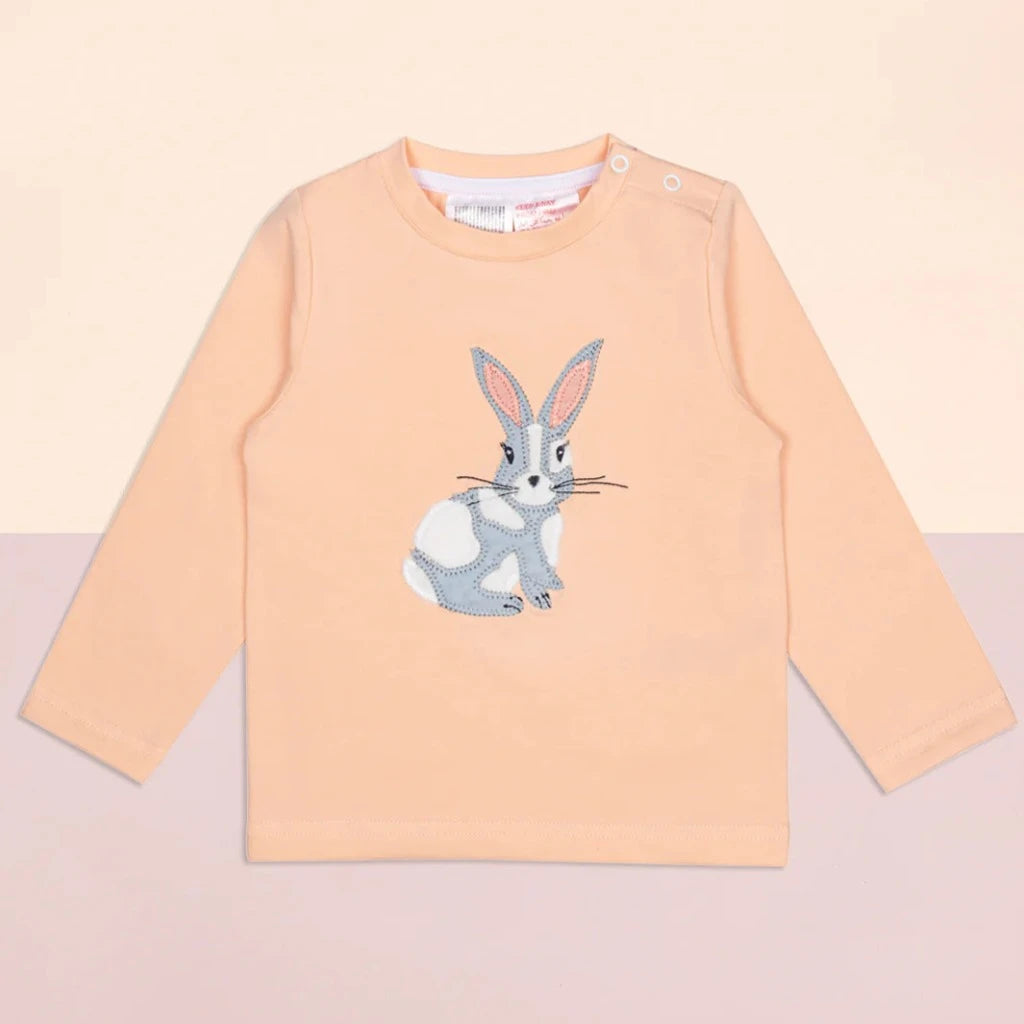 Blade and Rose Mollie Rose bunny baby girl clothing set, peach top with applique grey rabbit, matching grey leggings with all over rabbit design and rabbit bum