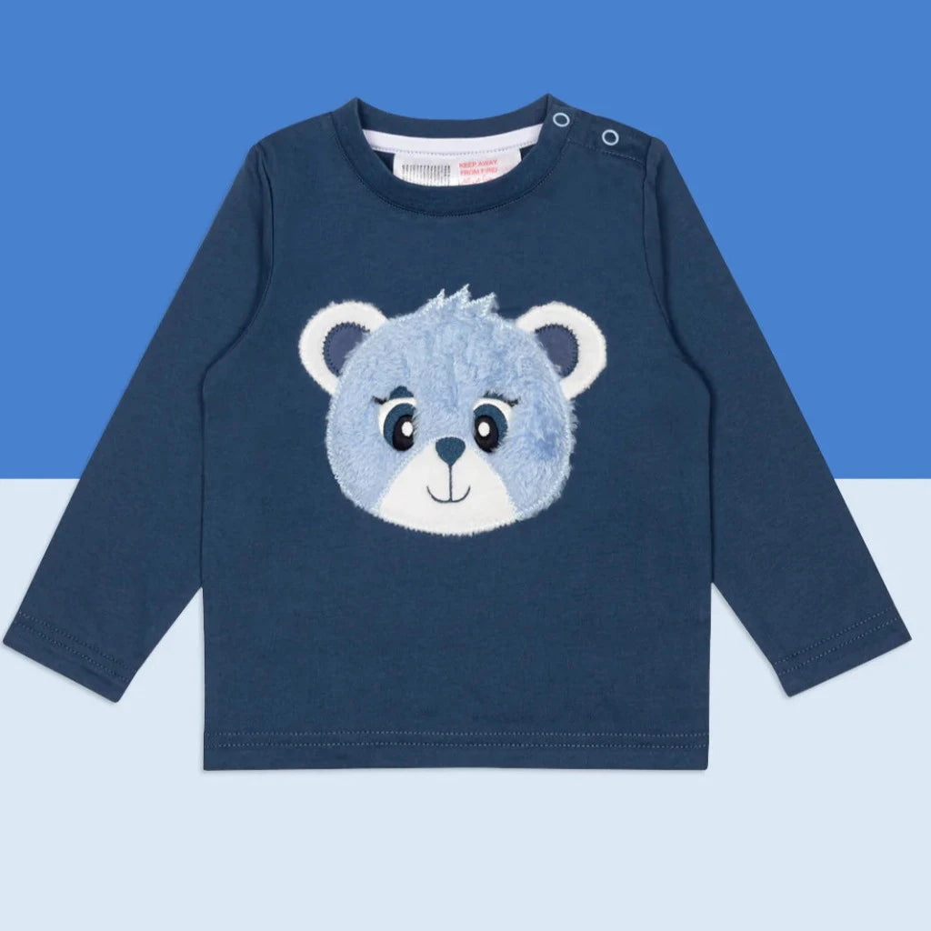 navy long sleeved baby t shirt with teddy face 