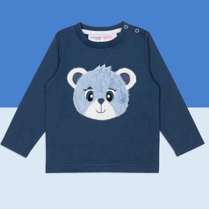 navy long sleeved baby t shirt with teddy face 