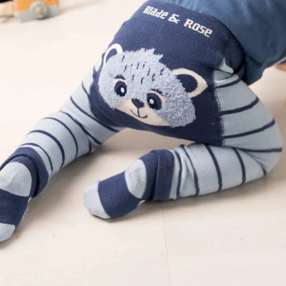 Blade and rose blue baby long sleeved top with applique teddy face , leggings in navy and pale blue stripes with a teddy face on the bum