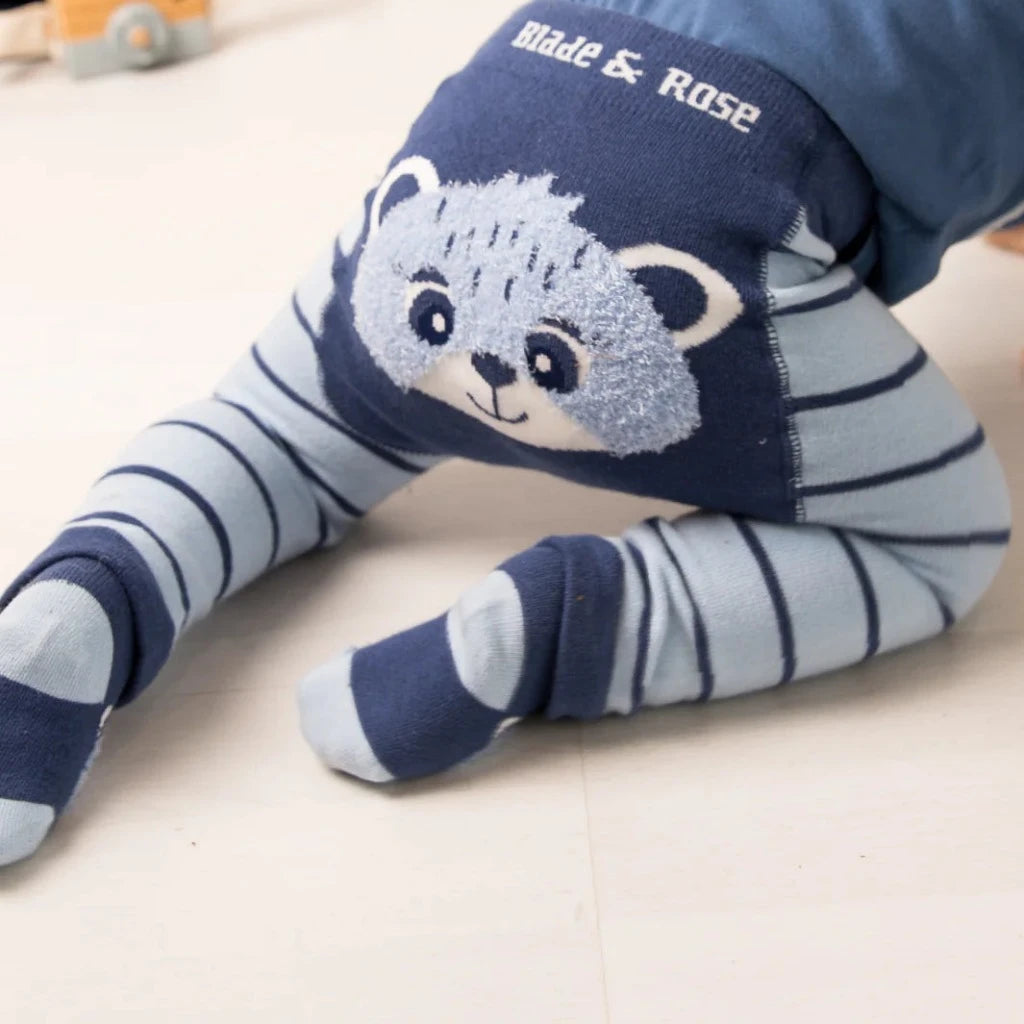 Blade and rose blue baby long sleeved top with applique teddy face , leggings in navy and pale blue stripes with a teddy face on the bum