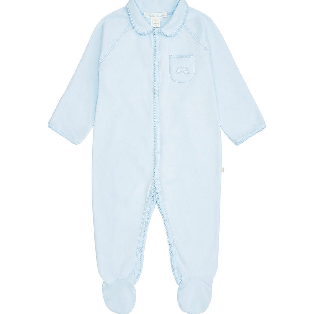 baby sleepsuit in blue with agel wings embroidered on the pocket and picot edging 