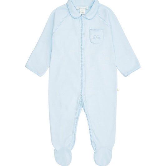 baby sleepsuit in blue with agel wings embroidered on the pocket and picot edging 