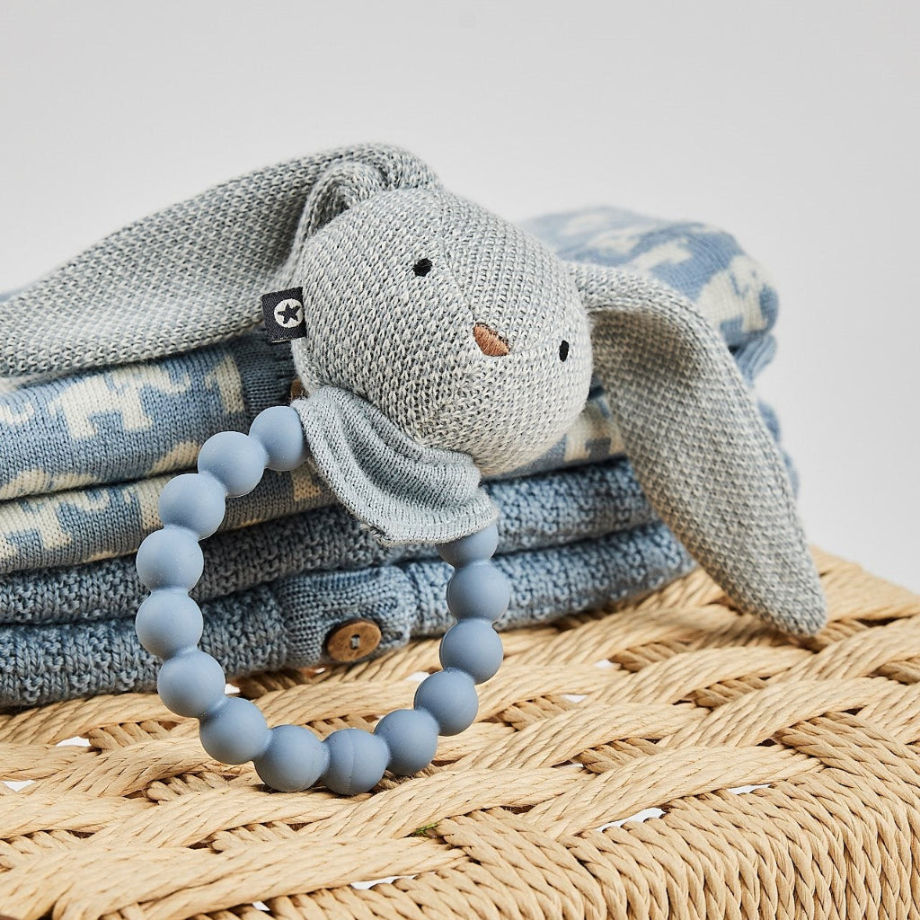 blue knit bunny rattle