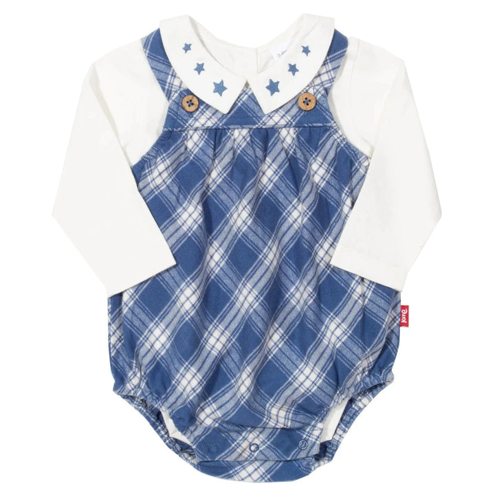 Soft blue and white check bubble romper with white bodysuit with stars embroidered on the collar. Organic cotton