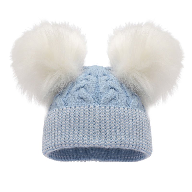 Blue and white double pom pom hat
