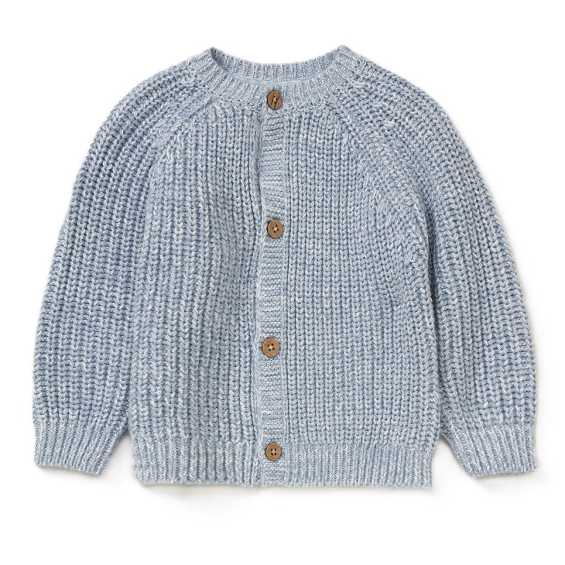 Blue chunky knit cardigan with 'hello' embroidery