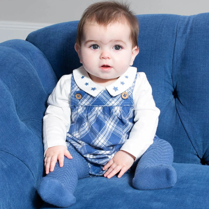 Soft blue and white check bubble romper with white bodysuit with stars embroidered on the collar. Organic cotton