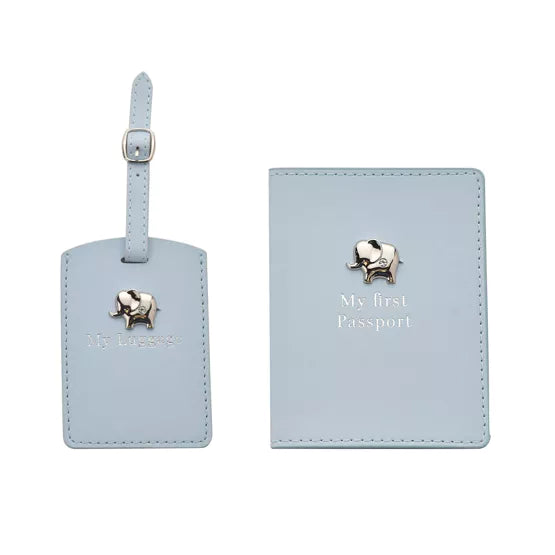 blue luggage label and passport holder with silver elephant