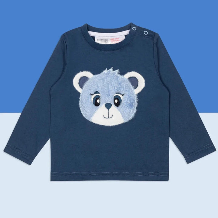 Blade and rose blue baby long sleeved top with applique teddy face , leggings in navy and pale blue stripes with a teddy face on the bum