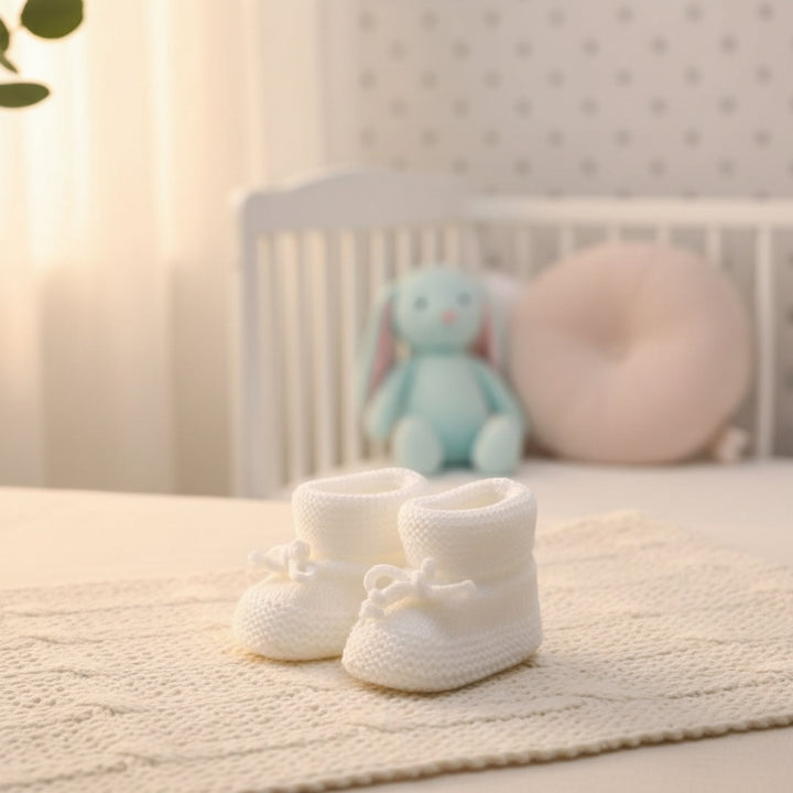 A pair of white hand-knit baby booties with small bows on the front, displayed on a beige textured fabric with eucalyptus leaves in the background.