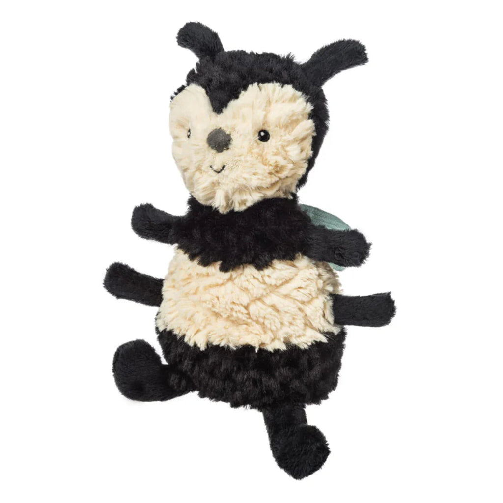 black and cream bumble bee soft toy with blue wings 