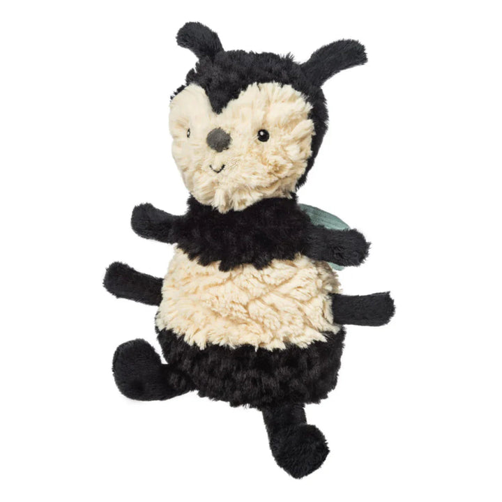 black and cream bumble bee soft toy with blue wings 