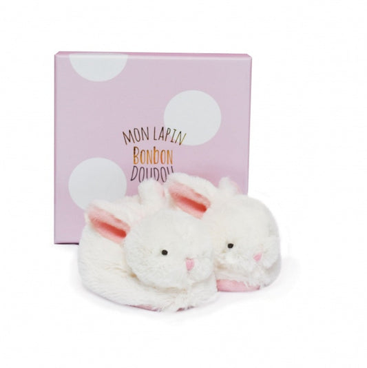 baby bunny slippers in white with pink ears and soles
