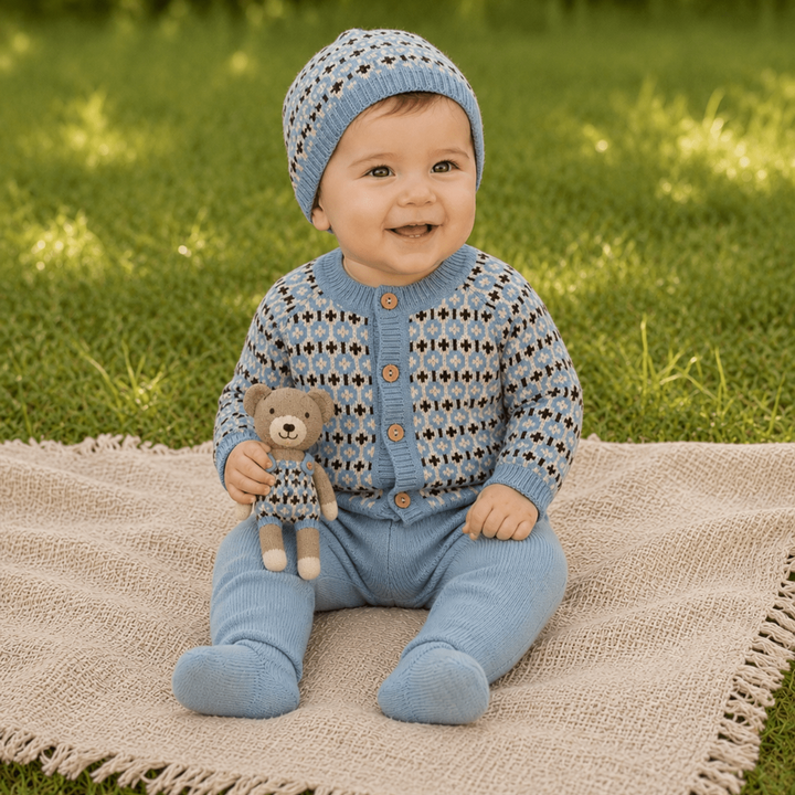 blue patterned merino wool baby knit cardigan and leggings with matching hat, merino wool knit teddy 