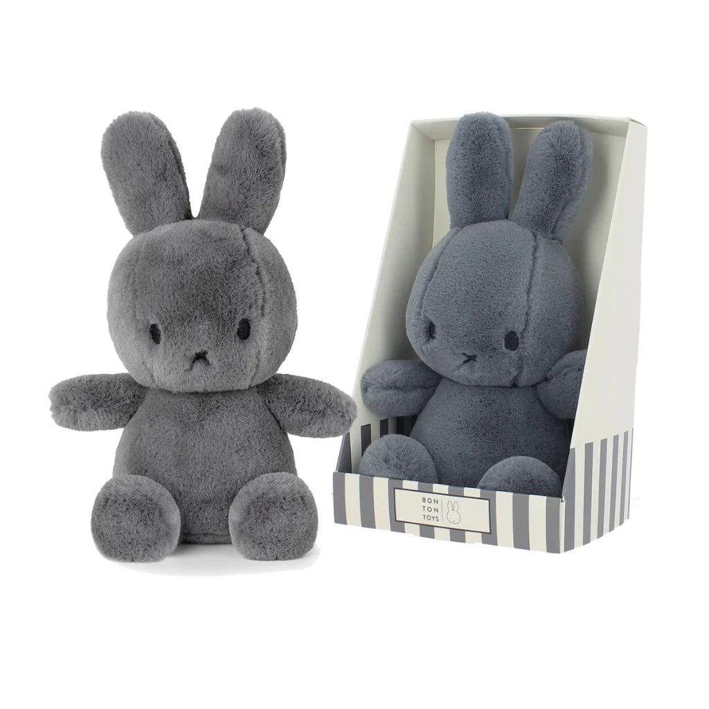 Grey cozy Miffy rabbit soft toy in a box