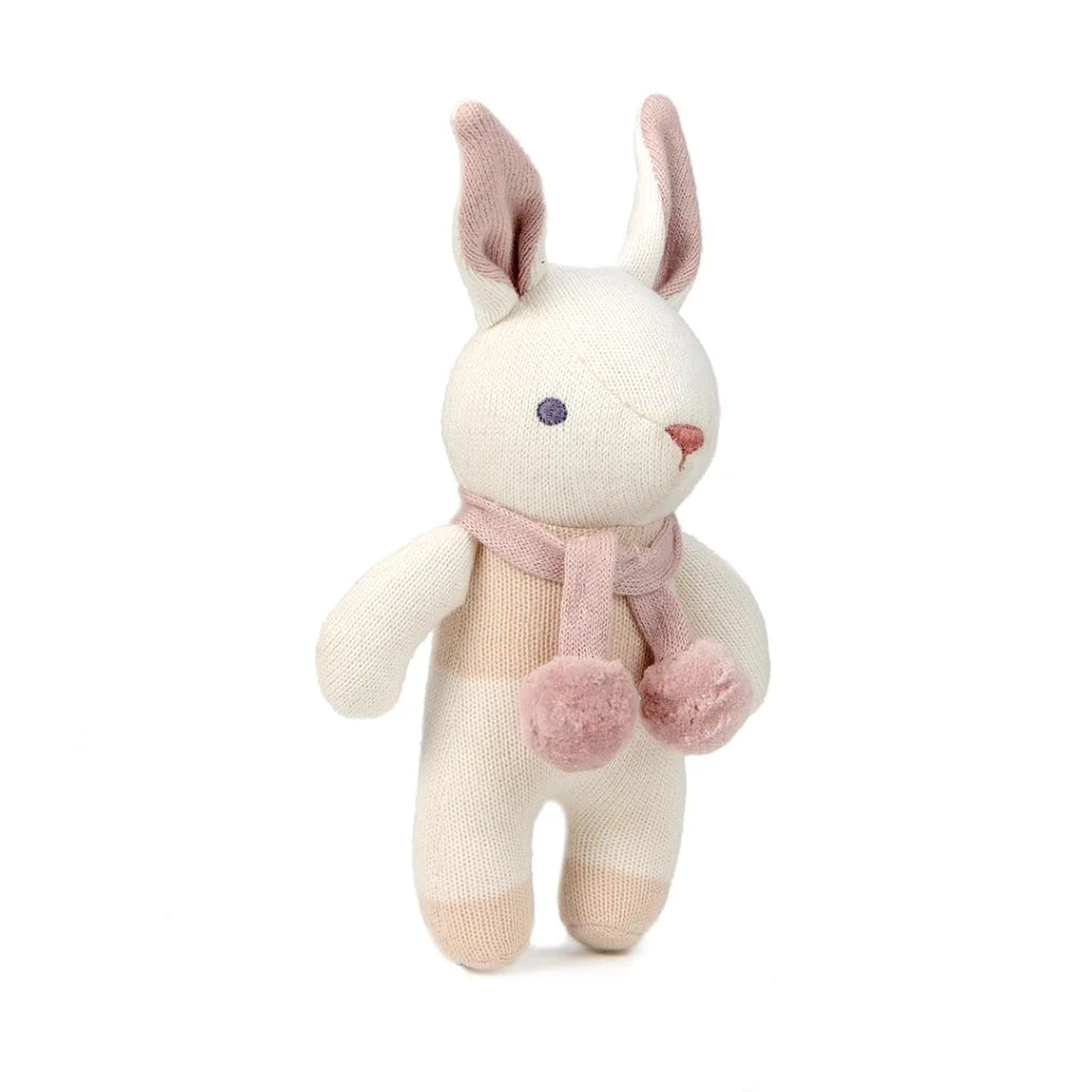Pink and white organic knit bunny soft toy with rattle