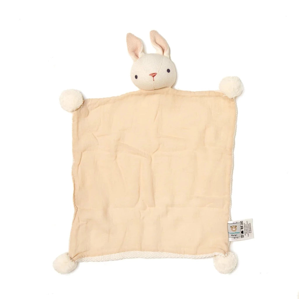 Organic baby soft knit toy in whote with pink clothing and matching bunny comforter