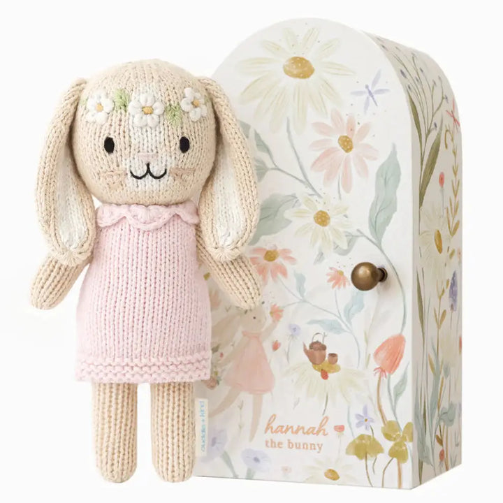 heirloom knitted bunny in a pink dress with daisy head band by Cuddle + Kind