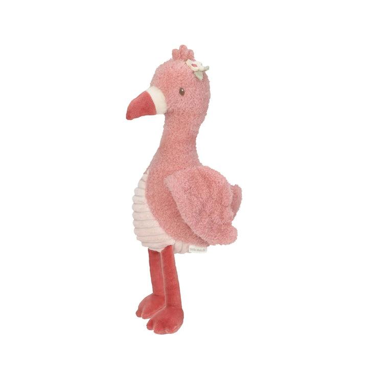 Pink plush flamingo toy on a white background