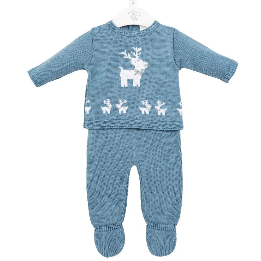 baby boy knit outfit in blue with white reindeers