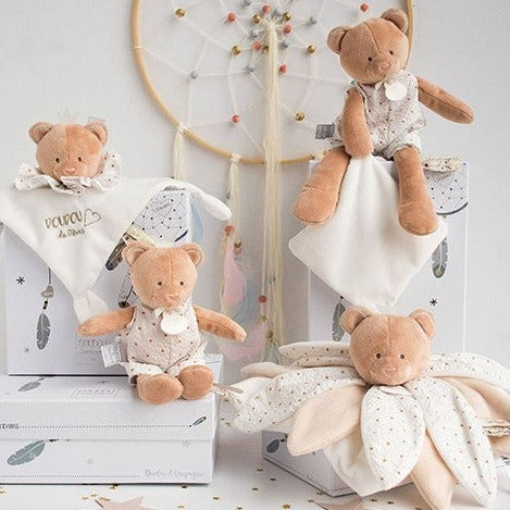 luxury baby comforter with teddy head and petal design in textured fabrics