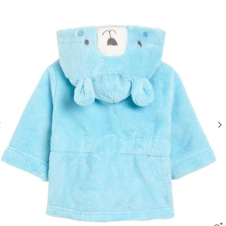 Blue baby dressing gown with teddy face and ears