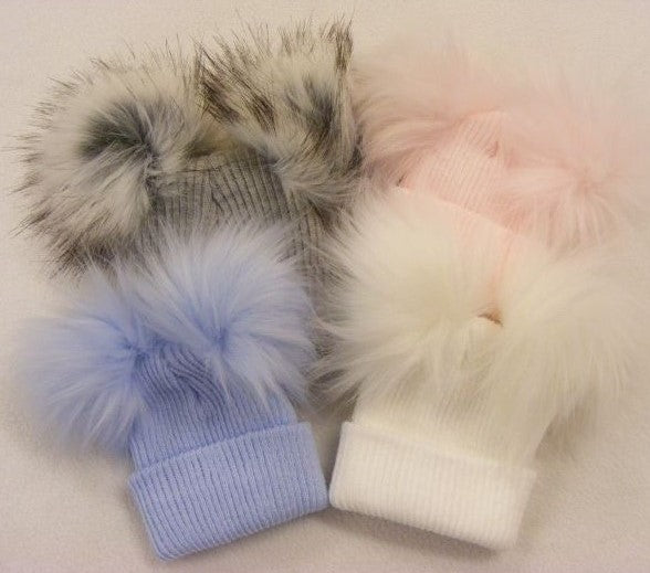 Luxury Double Fluffy Pompom First Size Baby Hat, Pink, White Or Blue