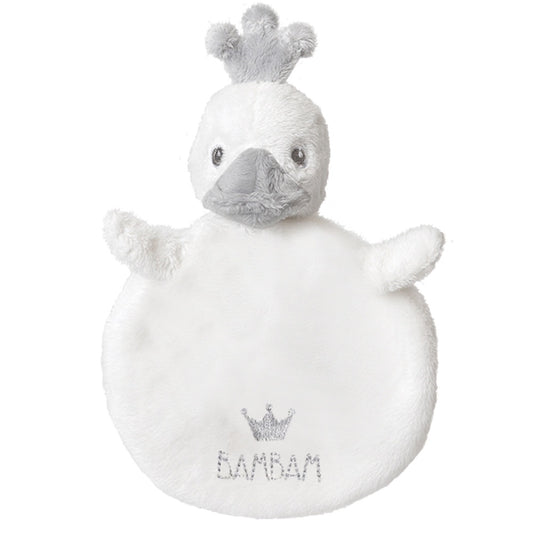 white soft baby duck comforter wearing a grey crown