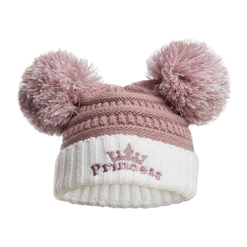 Dusky pink double pom pom baby hat with princess embroidered and a crown