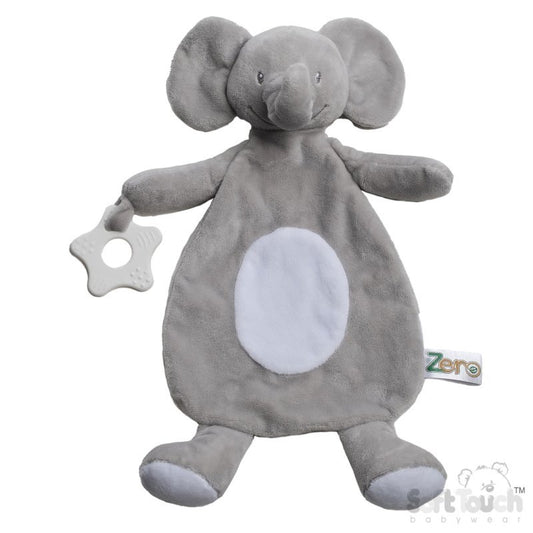 Grey elephant baby comforter with staer teether attached 