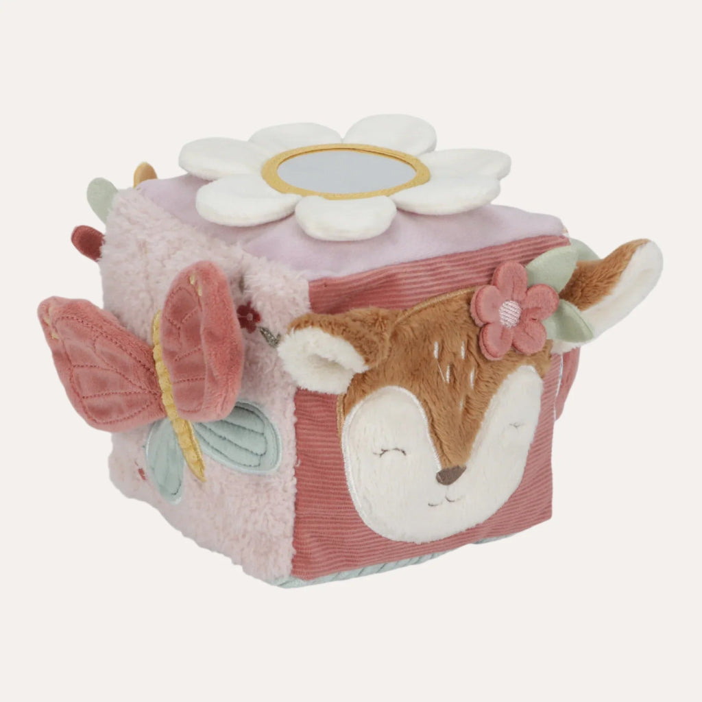Fairy garden soft activity cube with butterfly, mirror, flower and deer soft sensory areas 